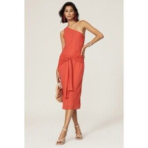 KRISA Bias Cut Midi Dress Red Chiffon One Shoulder Tie Front Party Summer sheath